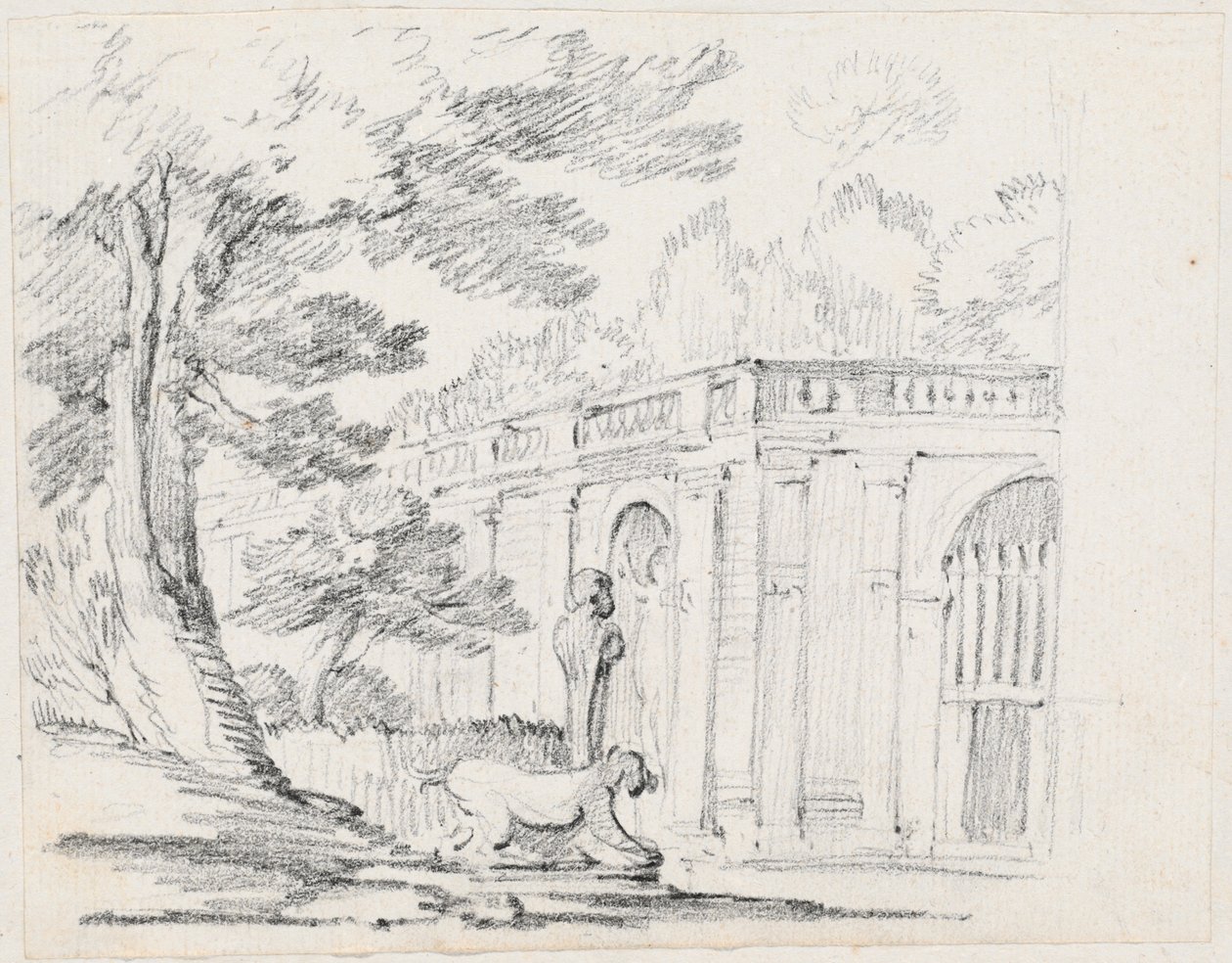 Loggia og statuer i en italiensk have af Joseph Marie Vien