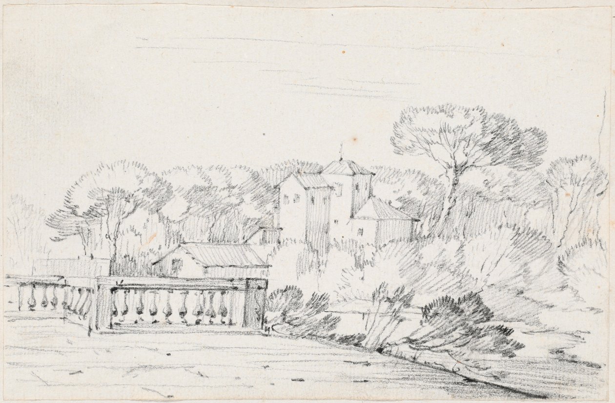 Terrasse ved en flod med en villa og træer bagved af Joseph Marie Vien