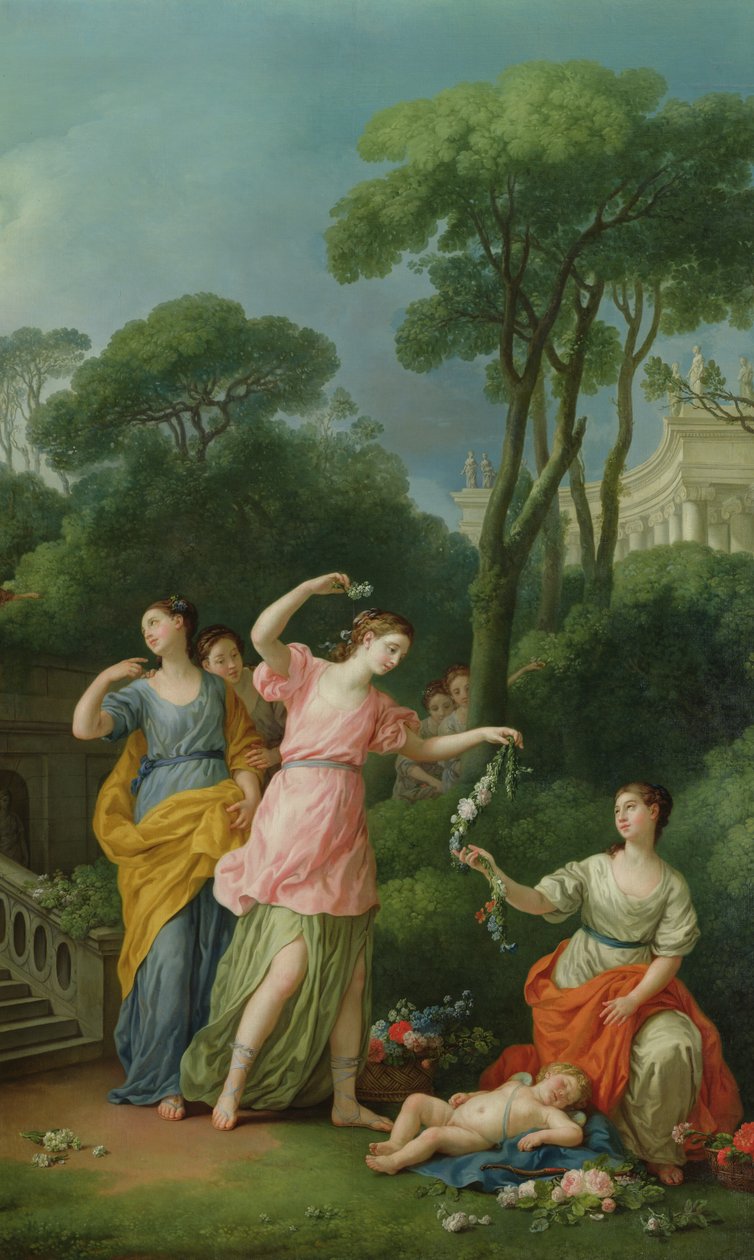 Unge græske piger pryder en sovende amor med blomster, 1773 af Joseph Marie Vien