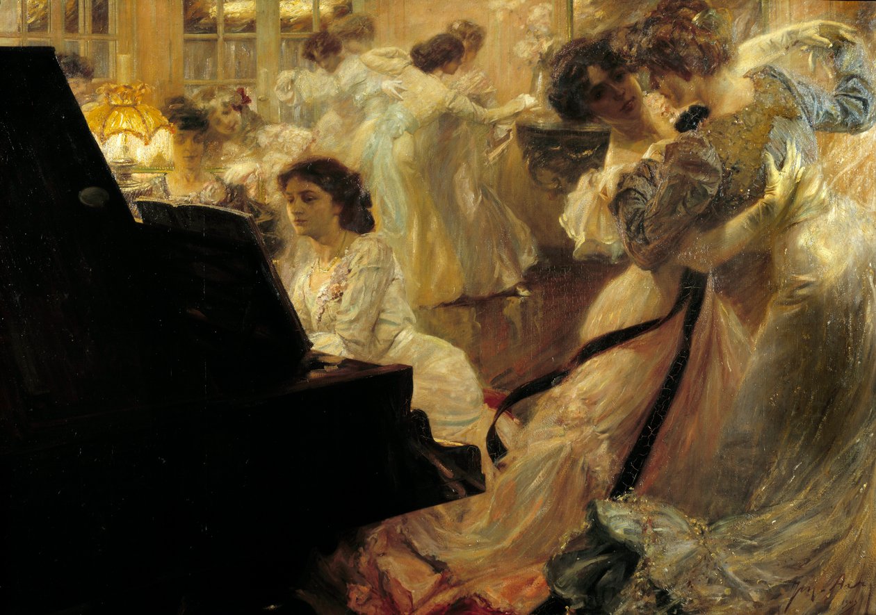 Belle epoque: "White Ball" Aften for unge kvinder klædt i hvidt dans og klaver af Joseph Marius Avy (1871-1939) 1903 af Joseph Marius Avy