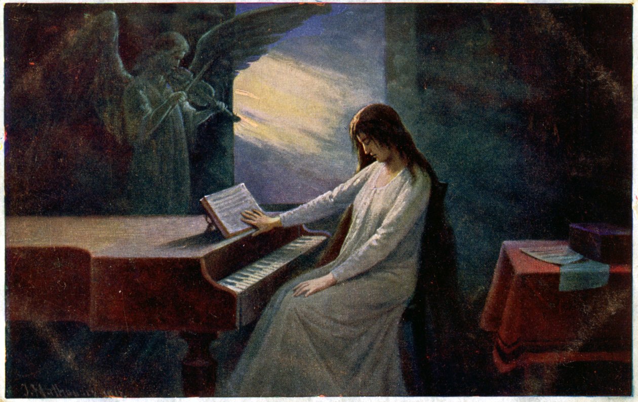 Musik. Den sidste akkord. Døende dame ved klaveret. Illustration af Josef Mathauser, Tjekkiet, ca. 1910 (postkort) af Joseph Mathauser