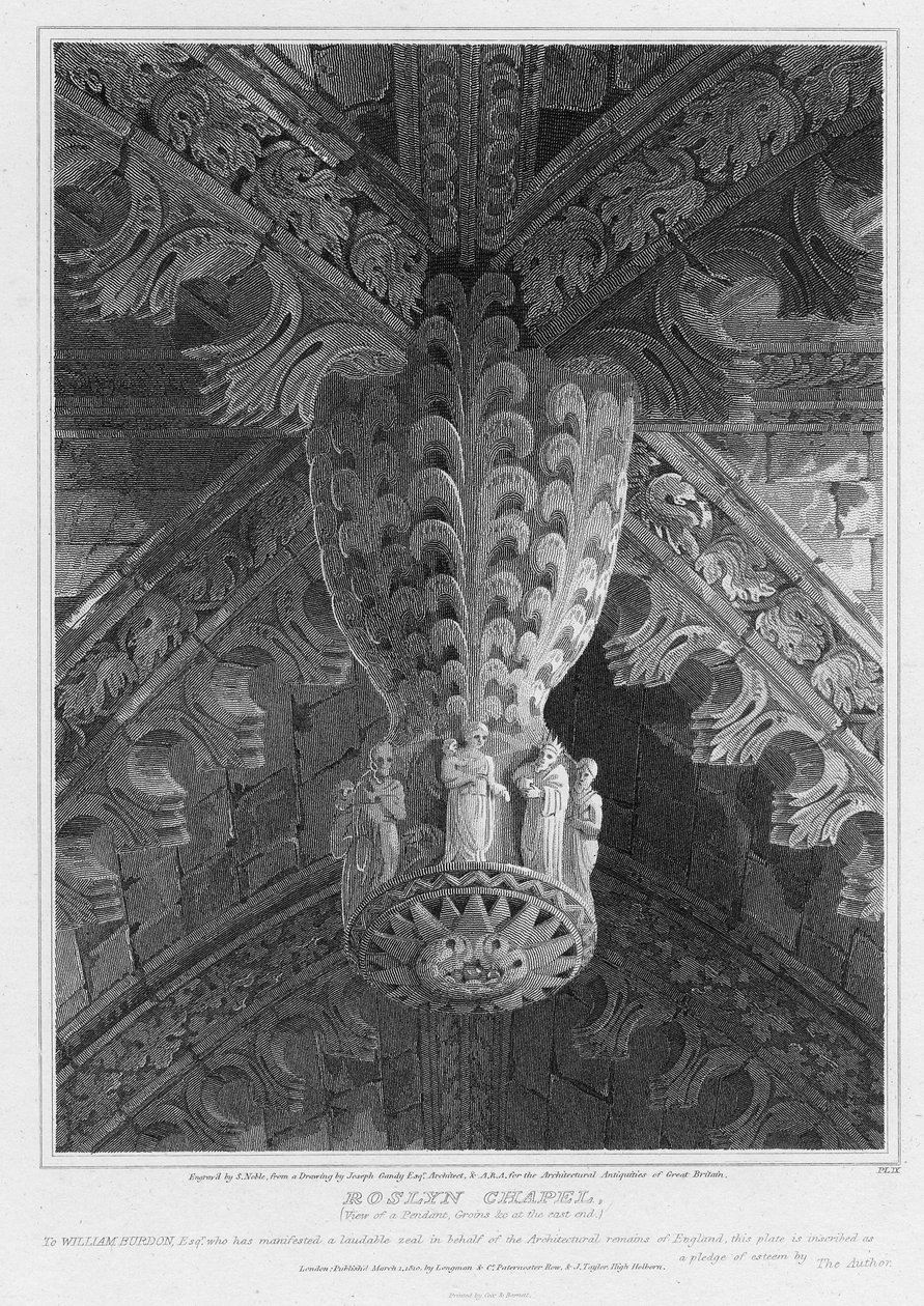 Roslyn Chapel, udsigt til en pendel og bajer i den østlige ende, graveret af S. Noble, 1810 af Joseph Michael Gandy