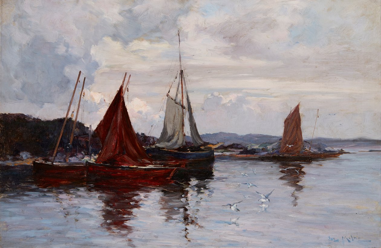 Fiskerbåde i havnen (olie på lærred) af Joseph Milne