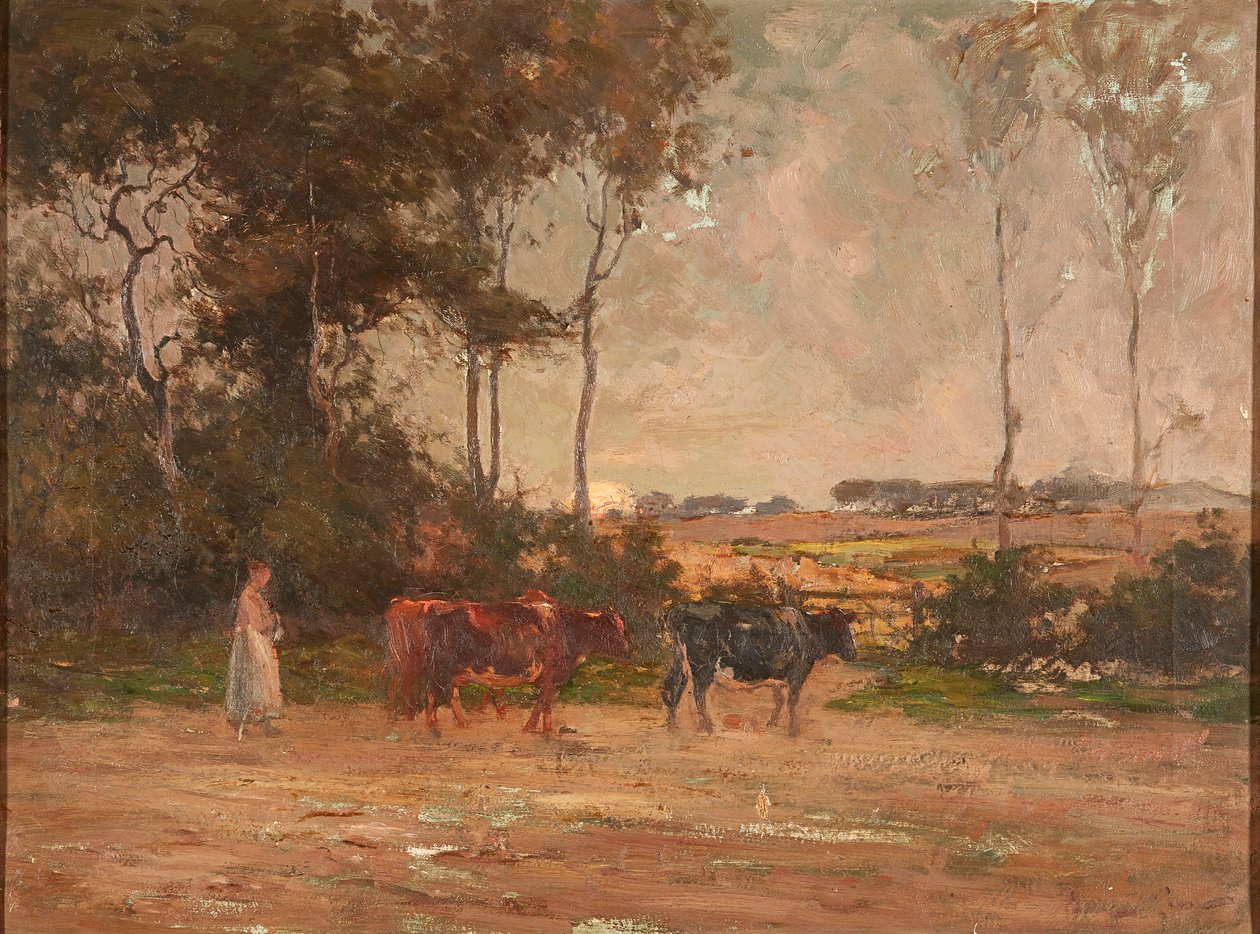 Hyrde kvæg ved solnedgang (olie på lærred) af Joseph Milne
