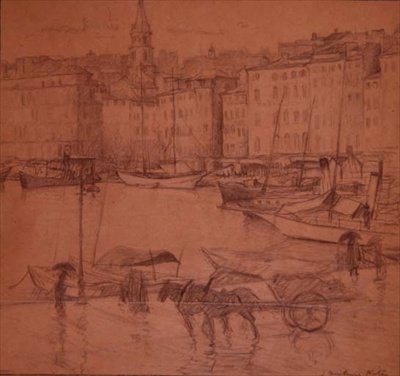 Havnescene, regnvejrsdag (blyant) af Joseph Milner Kite