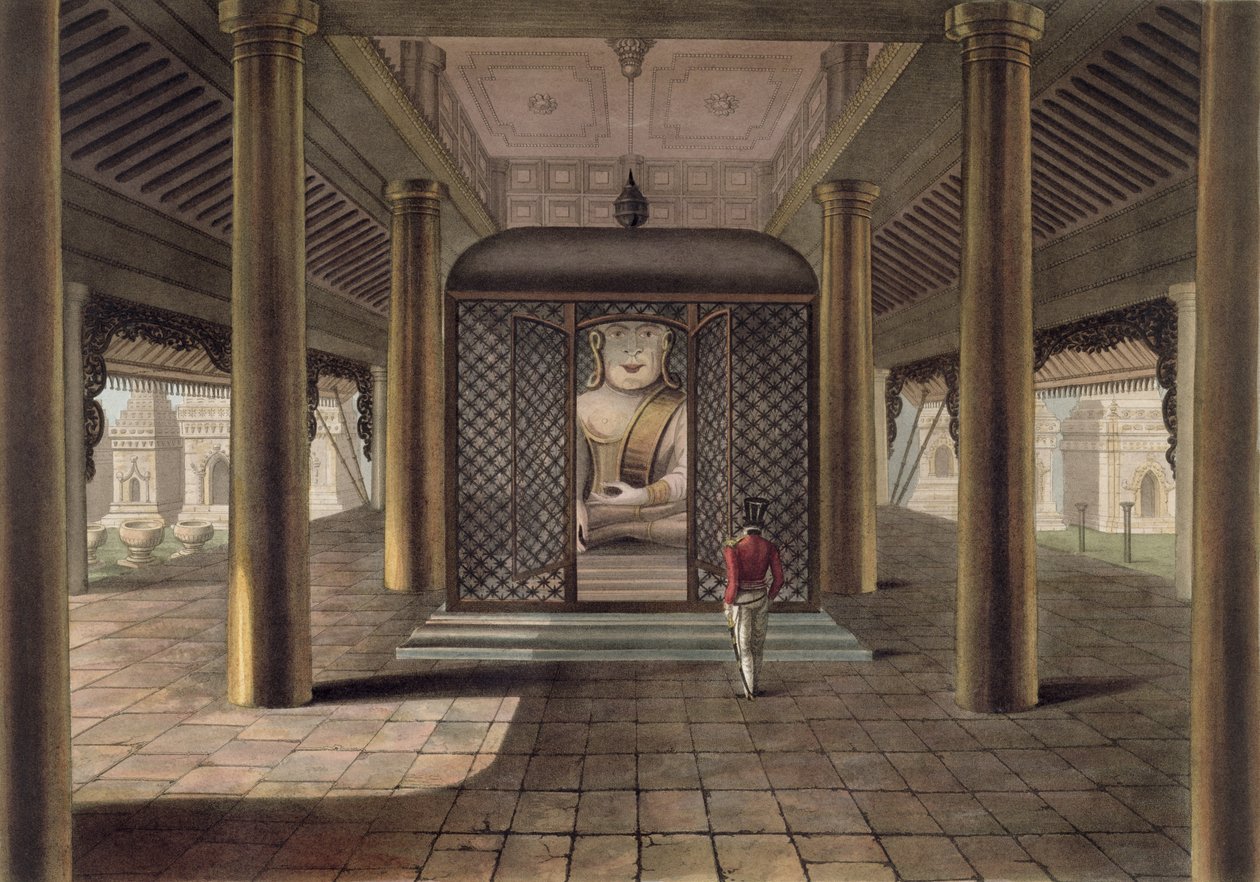 En soldat stående i et Rangoon-tempel, indgraveret af George Hunt, 1825 (farvet akvatint) af Joseph Moore