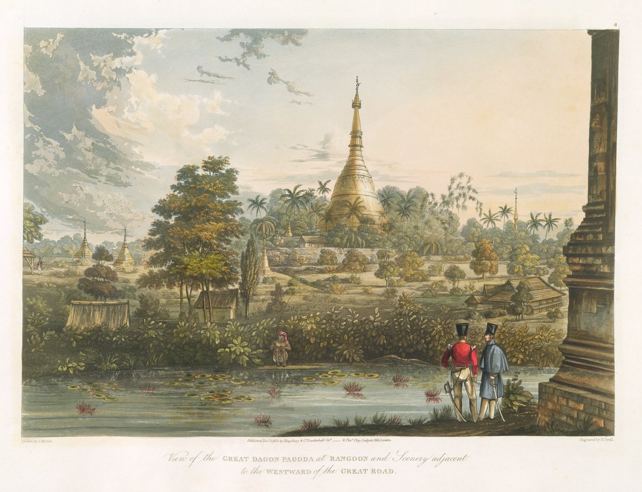 Udsigt over den store Dagon-pagode ved Rangoon fra vest, indgraveret af Henry Pyall (1795-1833) 1825-26 af Joseph Moore
