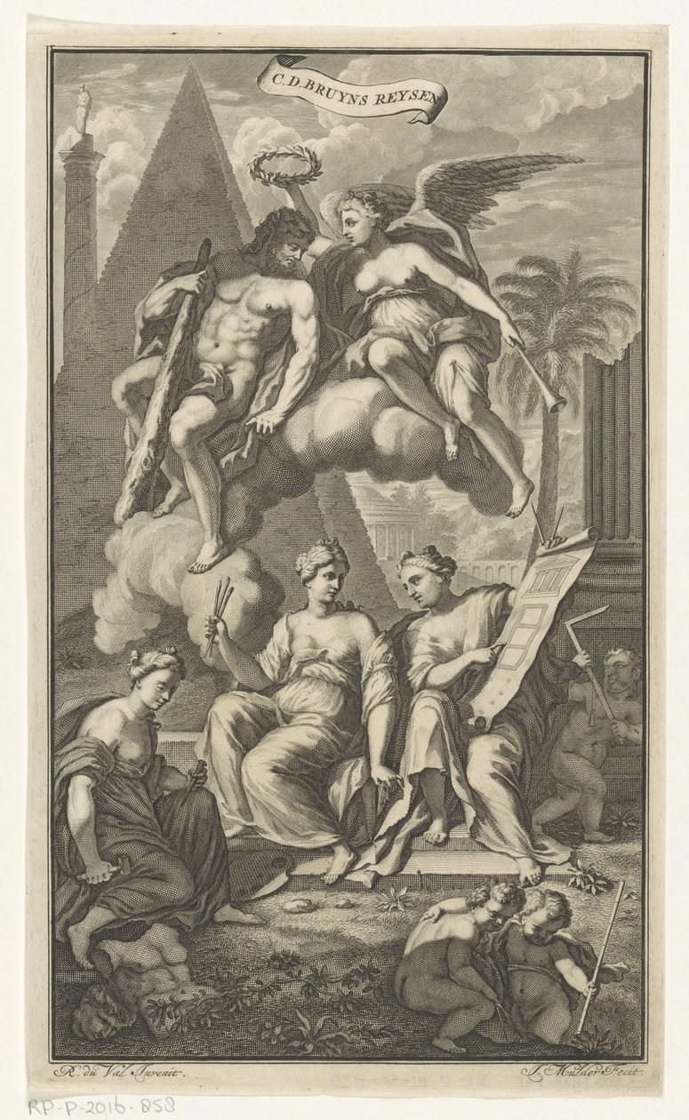 Hercules kronet af Victoria CD. Bruyns Reysen (titel på objekt) Titelside for: Cornelis de Bruyn, Reizen, 1698 af Joseph Mulder