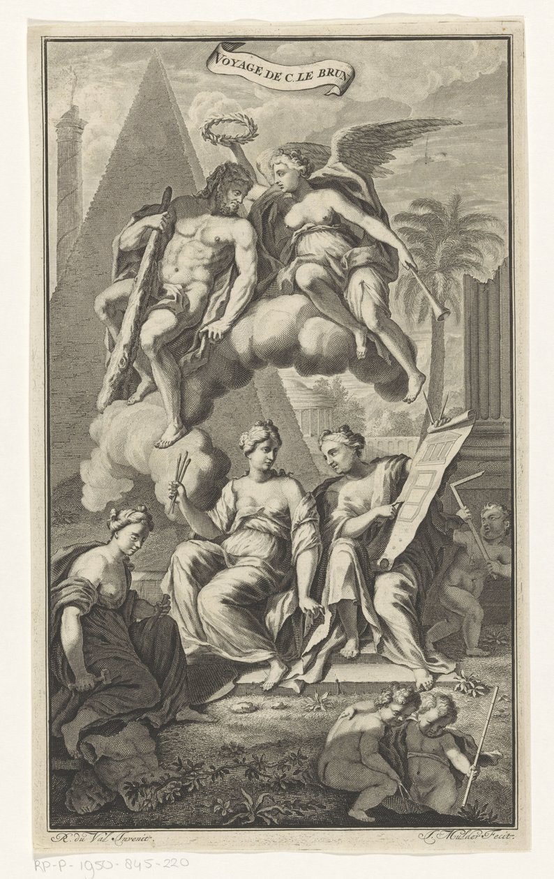 Hercules kronet af Victoria Voyage de C. le brun (titel på objekt) Titelside for: Cornelis de Bruyn, Voyage au Levant, 1700 af Joseph Mulder