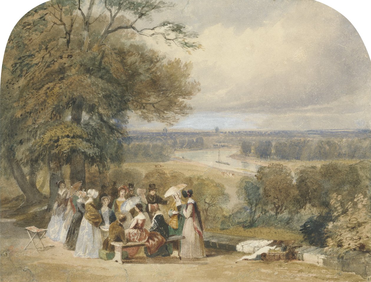 En picnic på Richmond Hill (wc med kropsfarve og tyggegummi på papir) af Joseph Murray Ince