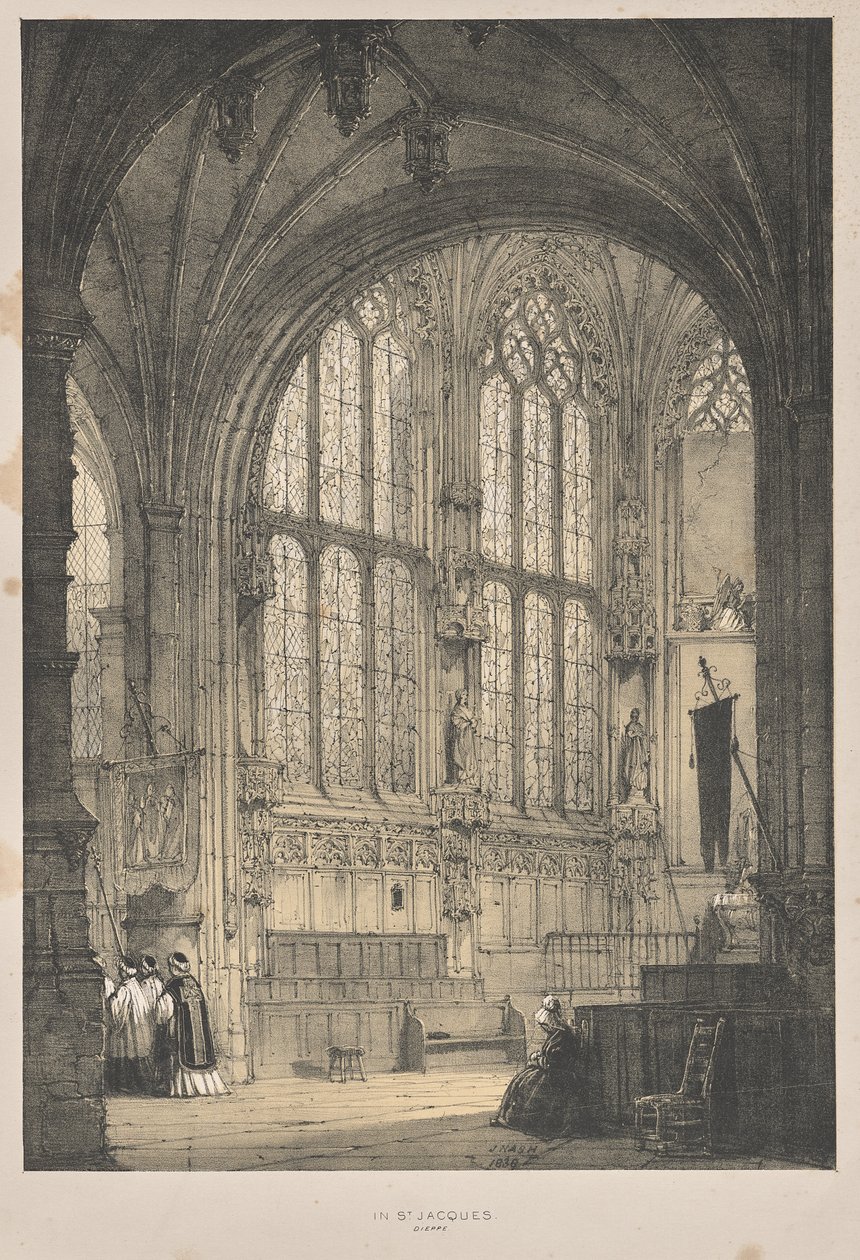 Middelalderens arkitektur: I St. Jacques, Dieppe, East End, Interiør af Joseph Nash