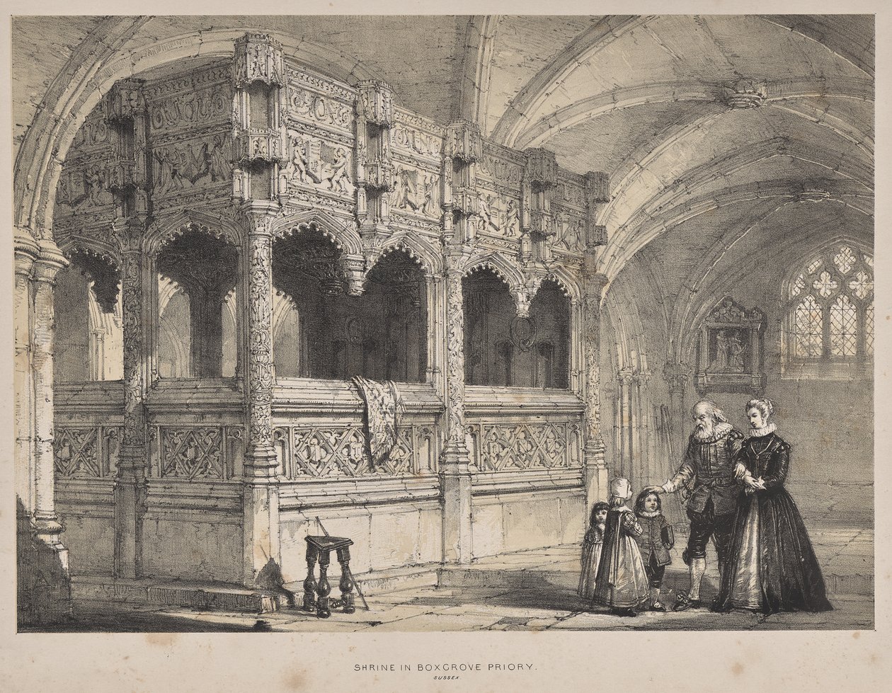 Middelalderens arkitektur: Helligdom for grevinden de la Warre i Boxgrove Priory, Sussex af Joseph Nash