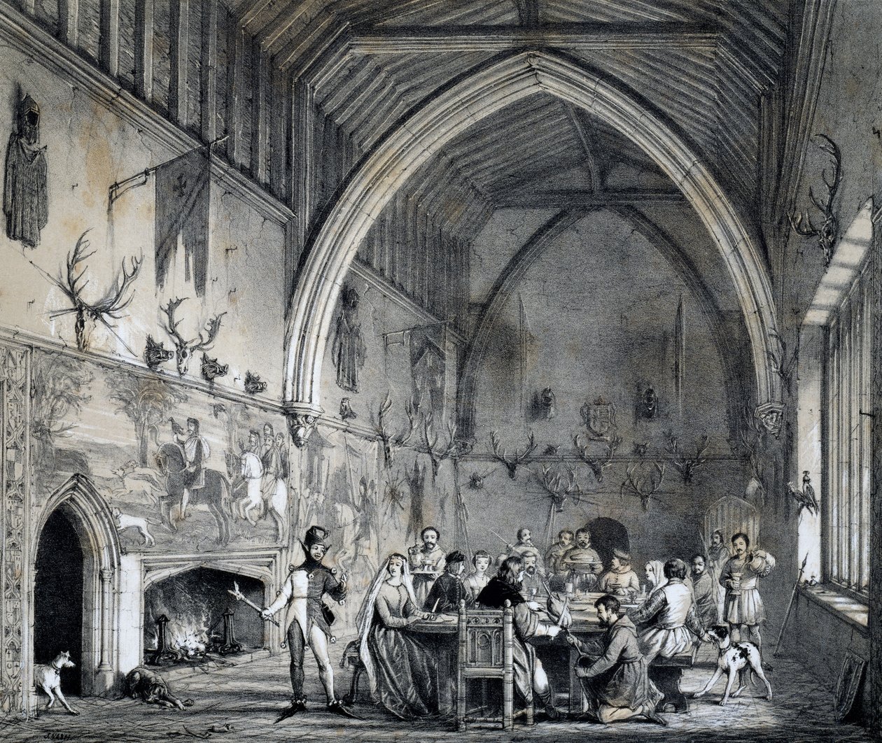 Hall at Moat House Ightham med banket, Kent, gravering fra Mansions of England in olden time af Joseph Nash