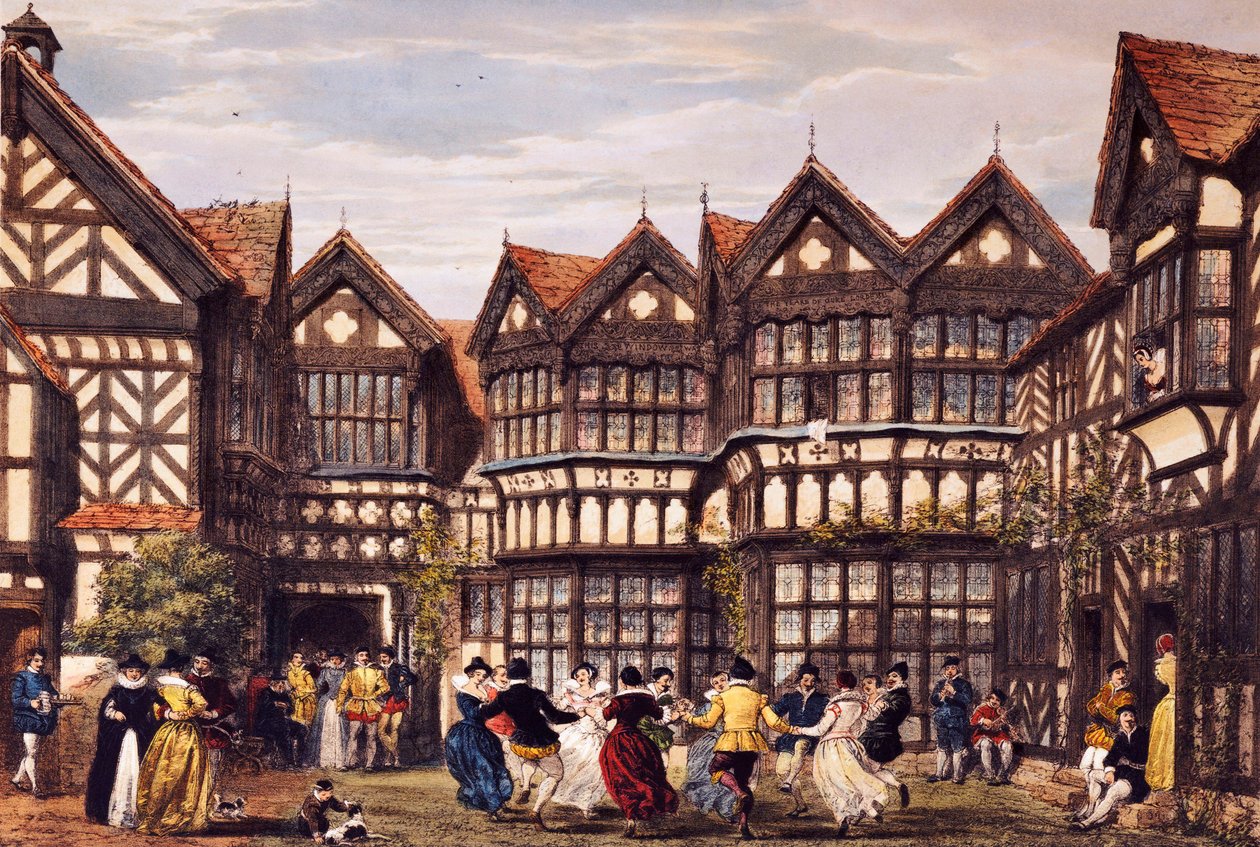 Little Moreton Hall, Cheshire, fra "The Mansions of England in the Olden Time", 1839-40 af Joseph Nash