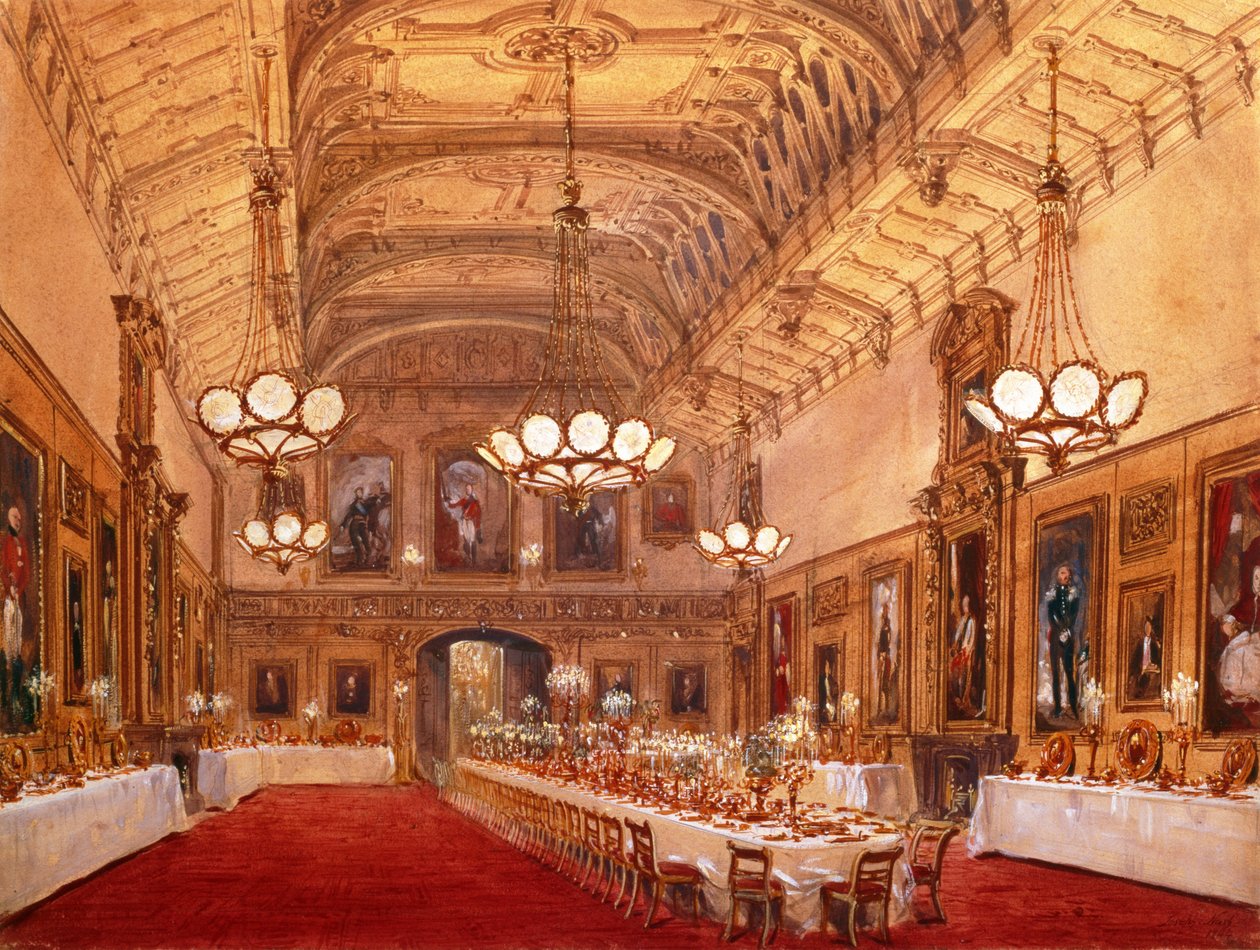St Georges Hall, Windsor Castle, 1844 (wc) af Joseph Nash