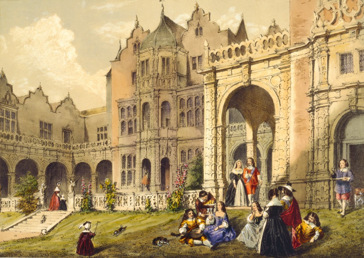 En forfriskning på terrassen, Holland House, Kensington fra "Architecture in the Middle Ages", 1838 af Joseph Nash