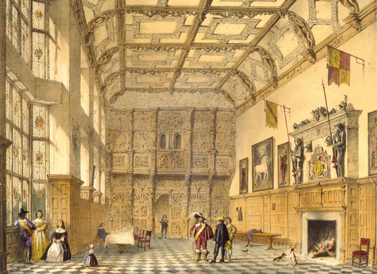 Den store hal, Hatfield, Berkshire, 1600, illustration fra "Architecture of the Middle Ages", 1838 af Joseph Nash