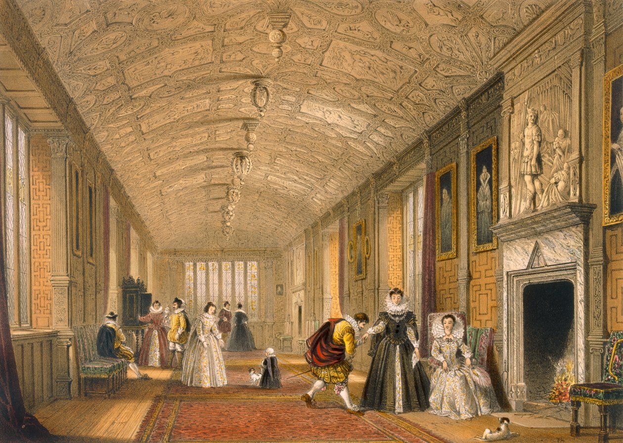 The Long Gallery i Lanhydrock, Cornwall, 1600. af Joseph Nash