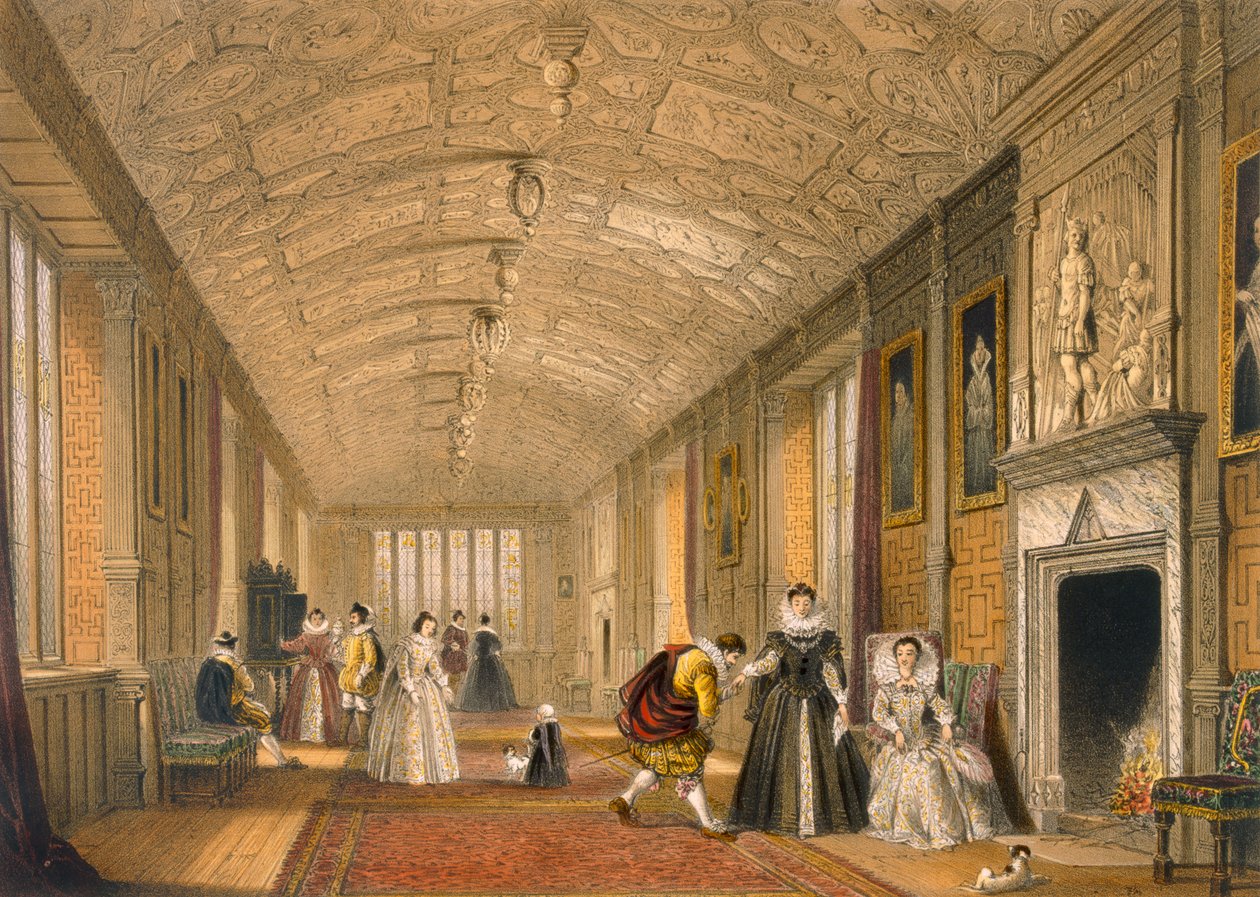 The Long Gallery at Lanhydrock, Cornwall, 1600, fra Architecture of the Middle Ages, udgivet i 1838 af Joseph Nash