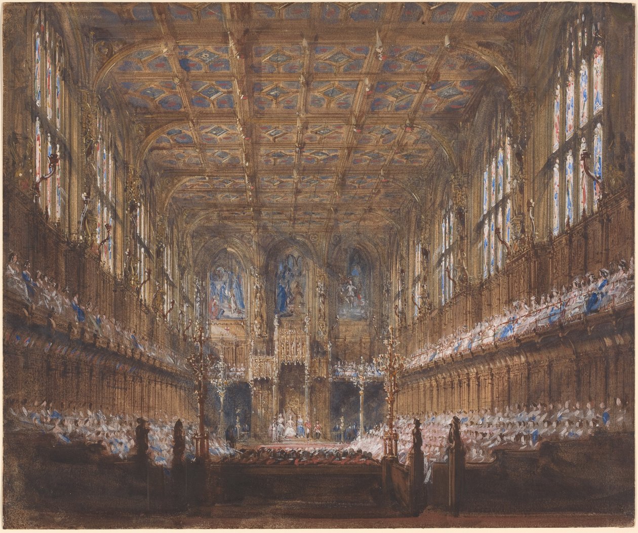 Den officielle åbning af parlamentet i det genopbyggede Overhus af Joseph Nash