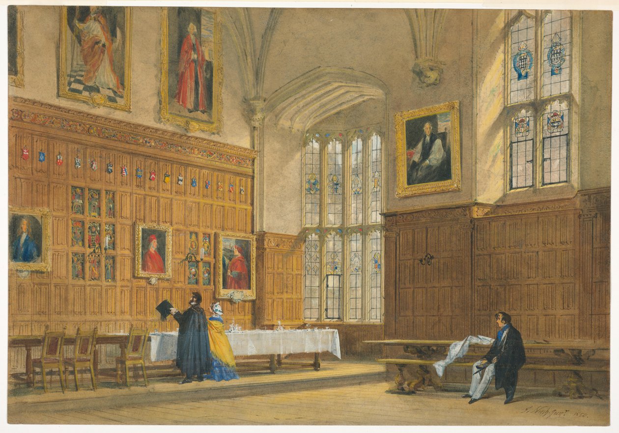 Tegning, Udsigt over spisesalen i Magdalen College, Oxford, 1856 af Joseph Nash The Elder