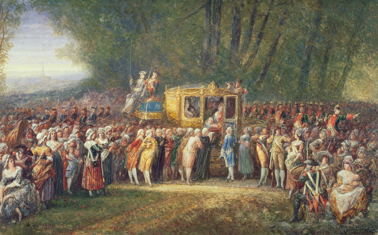 Kong Louis XVI blev ført fra Versailles til Paris af kvinderne i Les Halles i oktober 1789 af Joseph Navlet