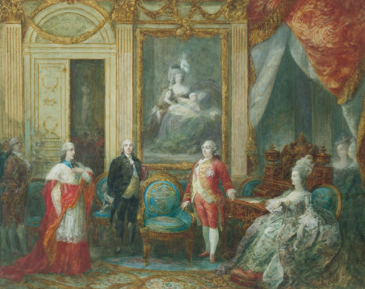 Ludvig XVI og hans kone Marie Antoinette modtager en kardinal af Joseph Navlet