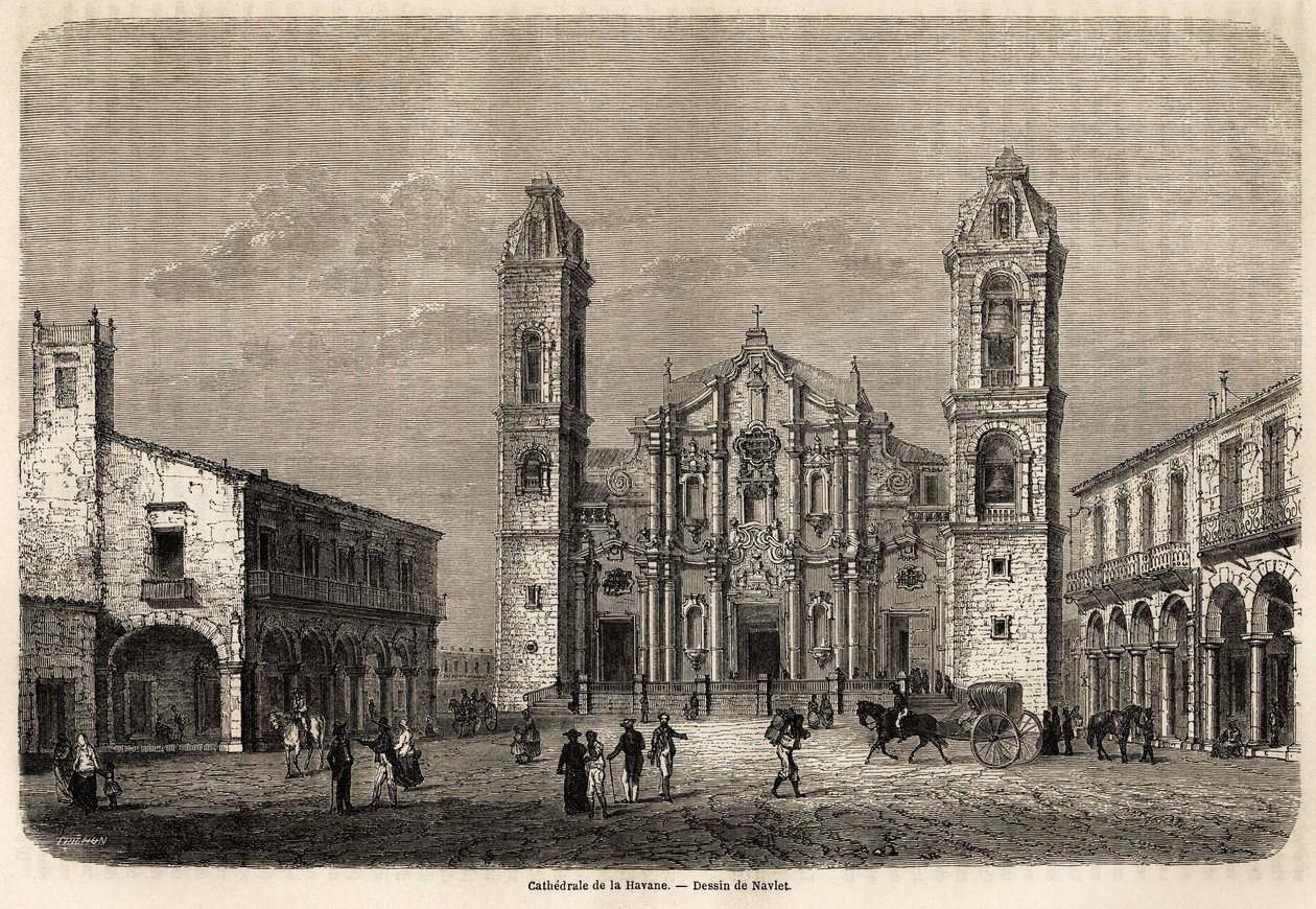 Katedralen i Havana, Cuba, tegning af Navlet for at illustrere rejsen til øen Cuba, i 1859, af Richard Dana (1815-1882). Indgravering i "" Le tour du monde, nouveau journal des voyages"" Paris af Joseph Navlet