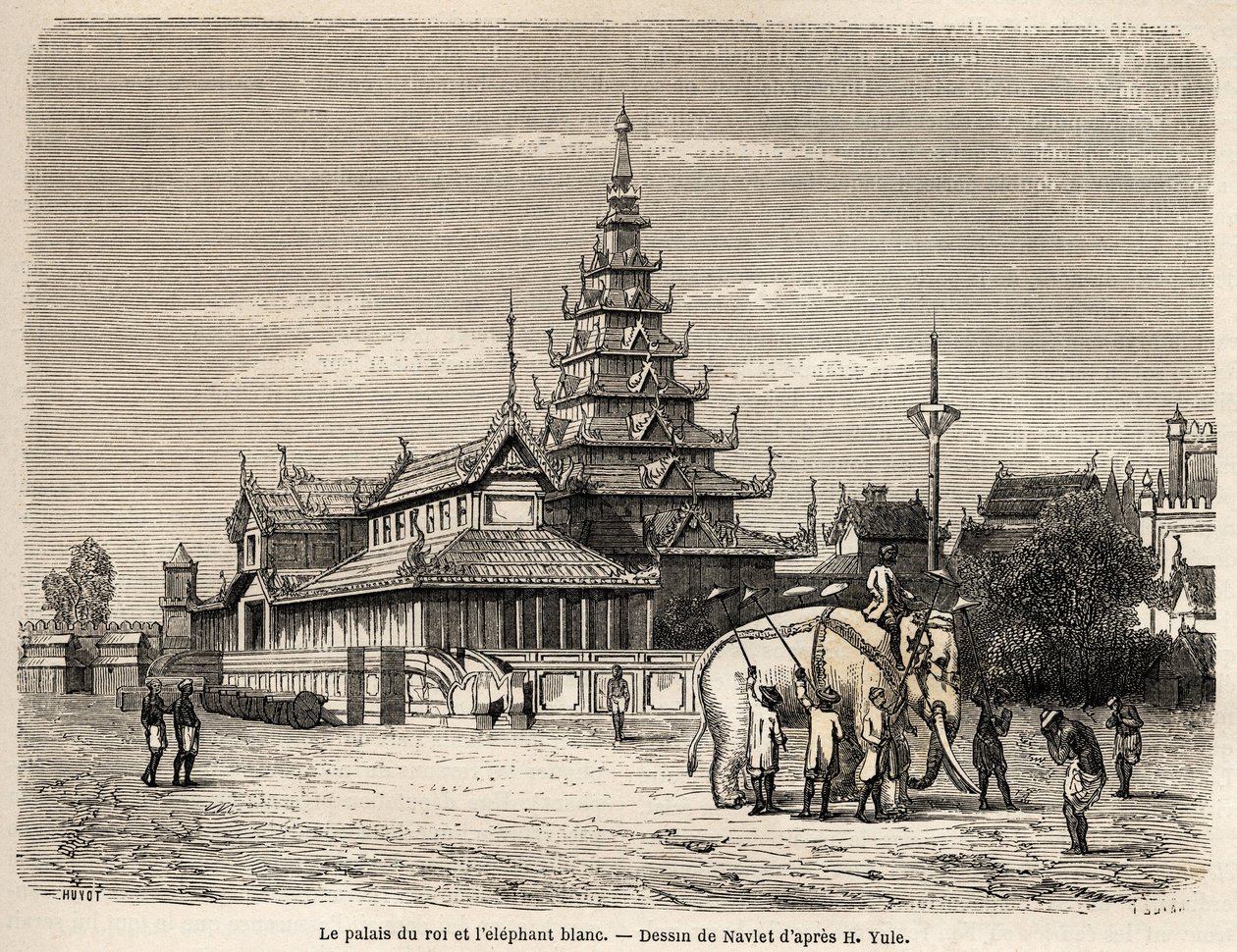 Kongen af Avas palads i Amarapoura (det nuværende Burma), tegning af Navlet for at illustrere rejsen til kongeriget Ava, i 1855, af kaptajn Henri Yule af den bengalske ånds krop. Indgravering i "" Le tour du monde, nouveau journal des voya af Joseph Navlet