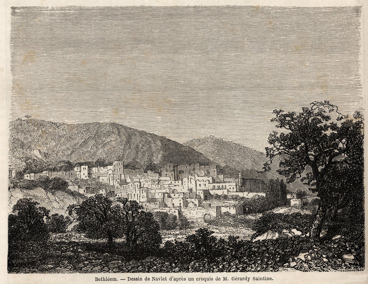 Udsigt over Betlehem, tegning Joseph Navlet (1821-1889), for at illustrere hr. Bidas rejse til Palæstina i 1856. Indgravering i "" Le tour du monde, nouveau journal des voyages"" Paris af Joseph Navlet