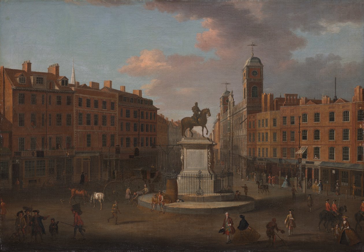 Charing Cross, med statuen af kong Charles I og Northumberland House af Joseph Nickolls