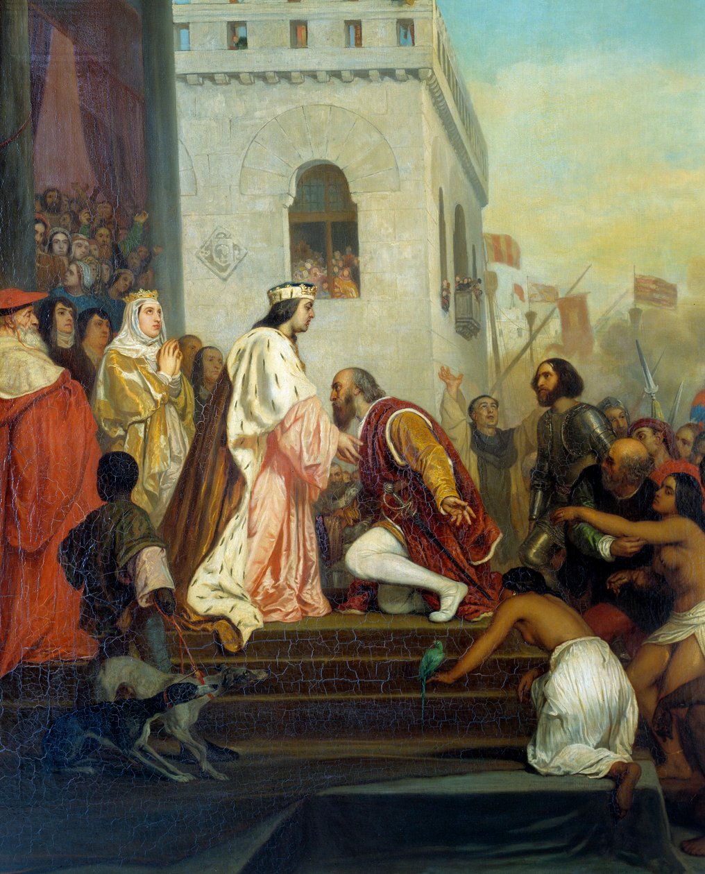 Modtagelse af Christopher Columbus (1451-1506) af Spaniens konger Ferdinand II af Aragon og Isabella 1. af Castilla (kaldet katolikken) i Barcelona i 1493. Opdagelsesrejsende vender tilbage med fangede indianere. Detalje. Maleri af Joseph Nicolas Robert Fl af Joseph Nicolas Robert Fleury