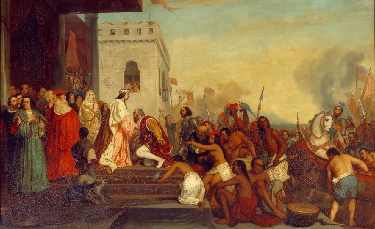Modtagelse af Christopher Columbus (1451-1506) af Spaniens konger Ferdinand II af Aragon og Isabella 1. af Castilla (kaldet katolikken) i Barcelona i 1493. Opdagelsesrejsende vender tilbage med fangede indianere. Maleri af Joseph Nicolas Robert Fleury (179 af Joseph Nicolas Robert Fleury