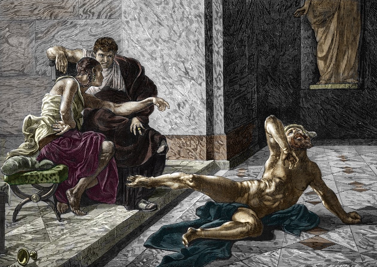 Repræsentation af den romerske forgiftningsgræshoppe, der forsøger ved siden af kejser Nero (37-68) en gift beregnet til hans bror Britannicus (41-55) på en af hans slaver, 55 Indgravering efter et maleri af Joseph-Noel Sylvestre (1847-1926) ) 1876 (romers af Joseph Noel (after) Sylvestre