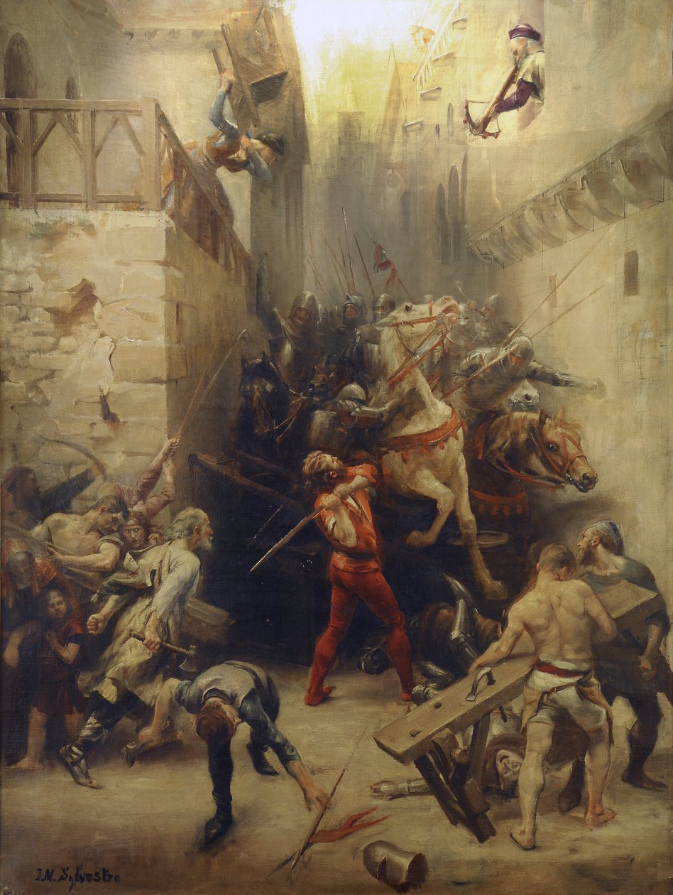 The Bag of Beziers i 1209: Beziers indbyggere forsøger at forhindre indrejse i byen for den franske hærs soldater af Joseph Noel Sylvestre