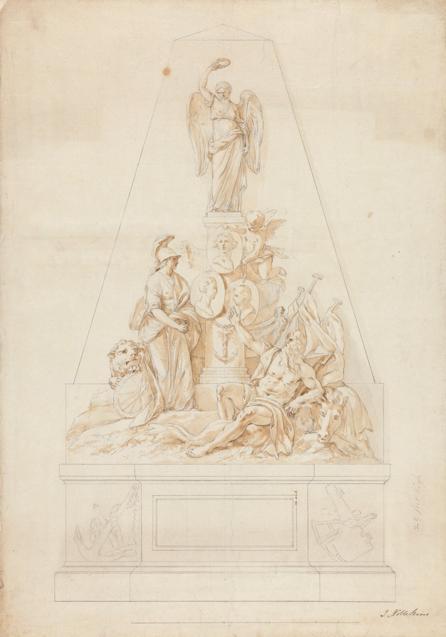 Undersøgelse til monumentet over flådekaptajner William Bayne, William Blair og Lord Robert Manner af Joseph Nollekens