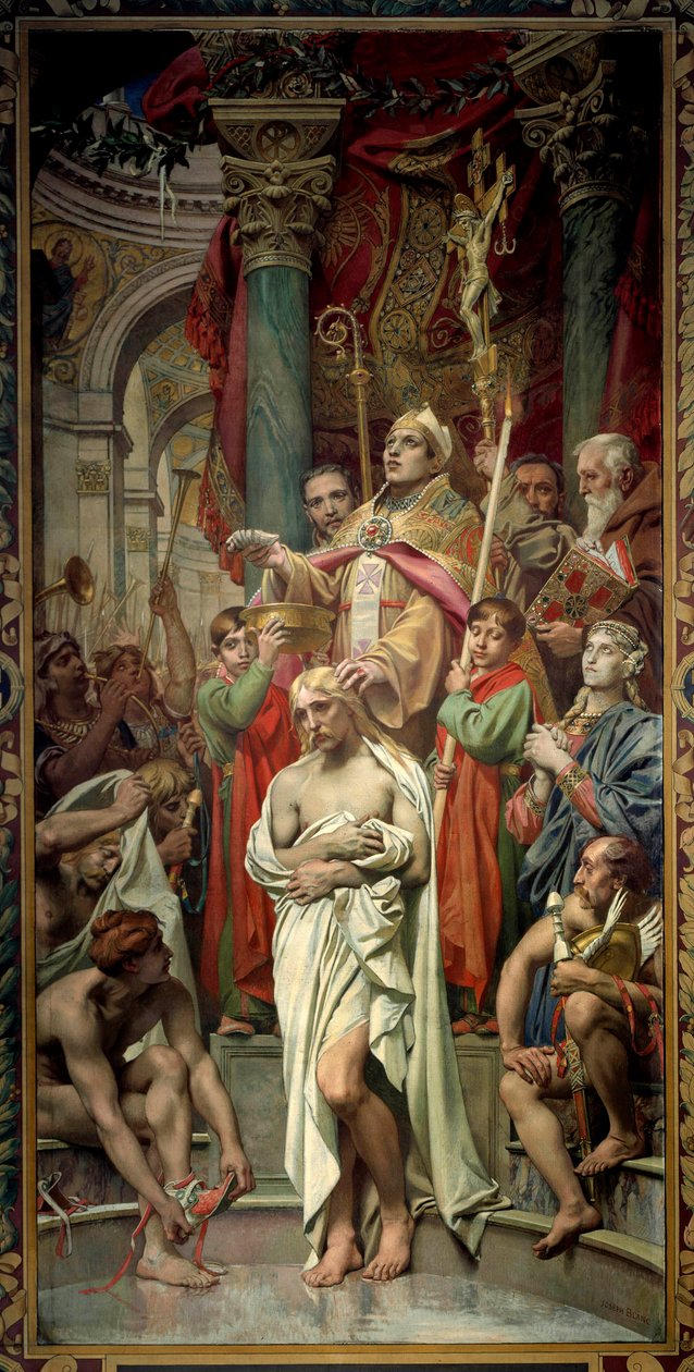 Dåben af frankernes konge Clovis I (466-511) i Reims af Eveque Saint Remi den 25/12/496 (eller 499). Maleri af Joseph Blanc (1846-1904) 1800-tallets Paris, Pantheon af Joseph Paul Blanc