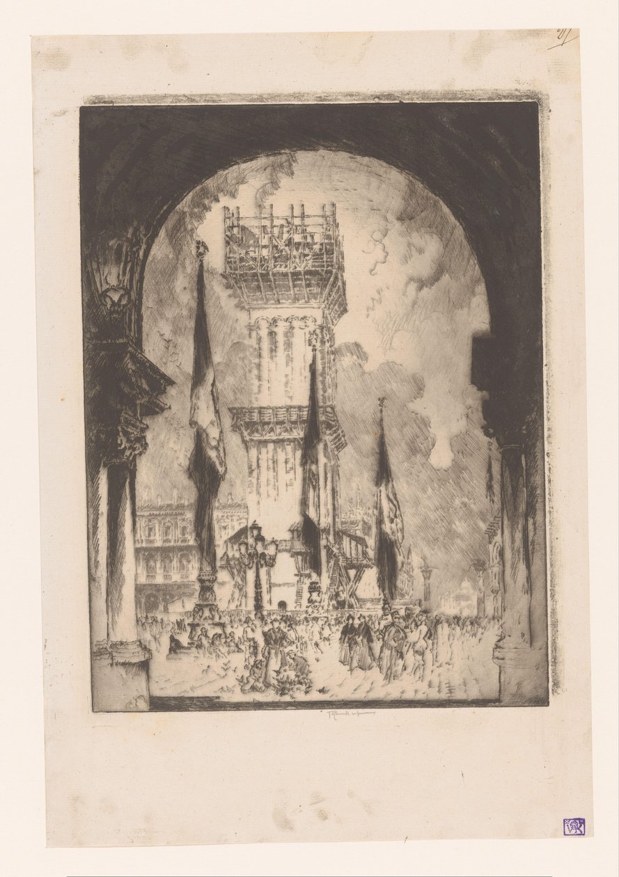 Venice Campanile under opførelse Genopbygning af Campanile, No. jeg af Joseph Pennell (signed by artist)