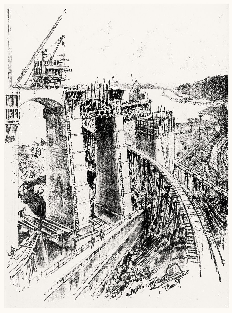 Approaches to the Gatun Lock, plade VI fra Panamakanalen af Joseph Pennell, 1912 (kul på papir) af Joseph Pennell
