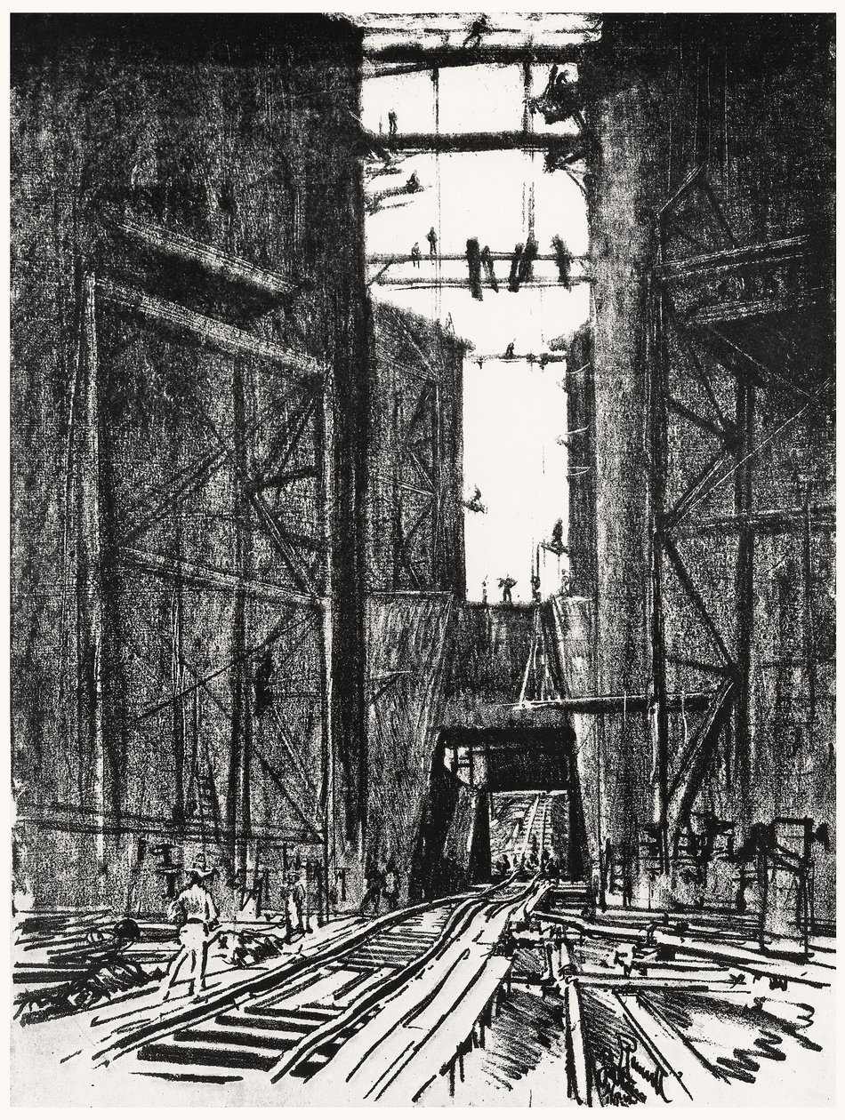 I bunden af Gatun-slusen, plade IV fra Panamakanalen af Joseph Pennell, 1912 (kul på papir) af Joseph Pennell