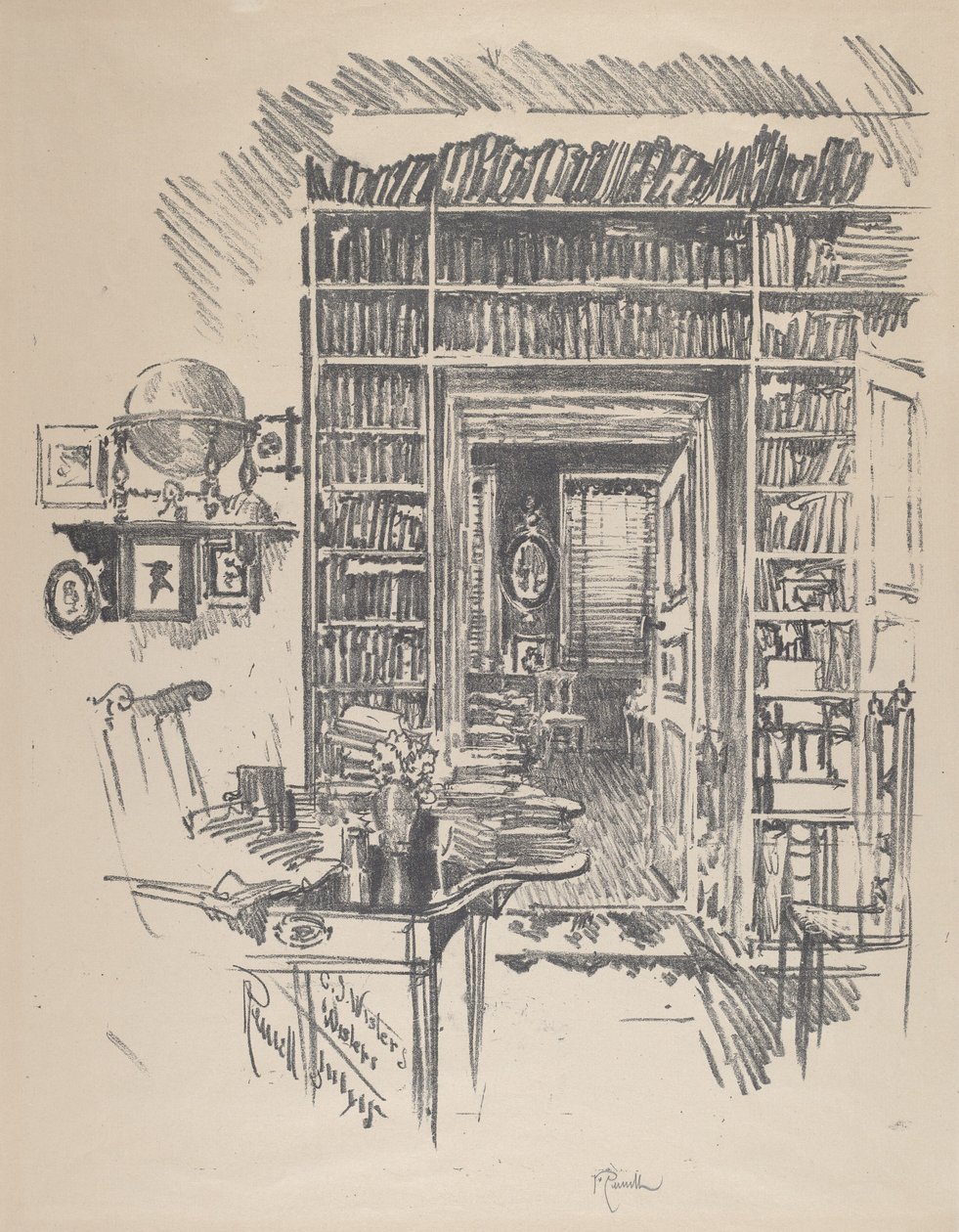 Biblioteksværelse hos dr. Wister af Joseph Pennell