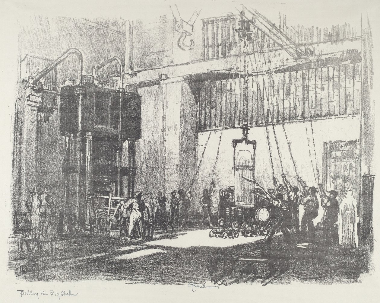 Aftapning af den store skal, 1916. af Joseph Pennell