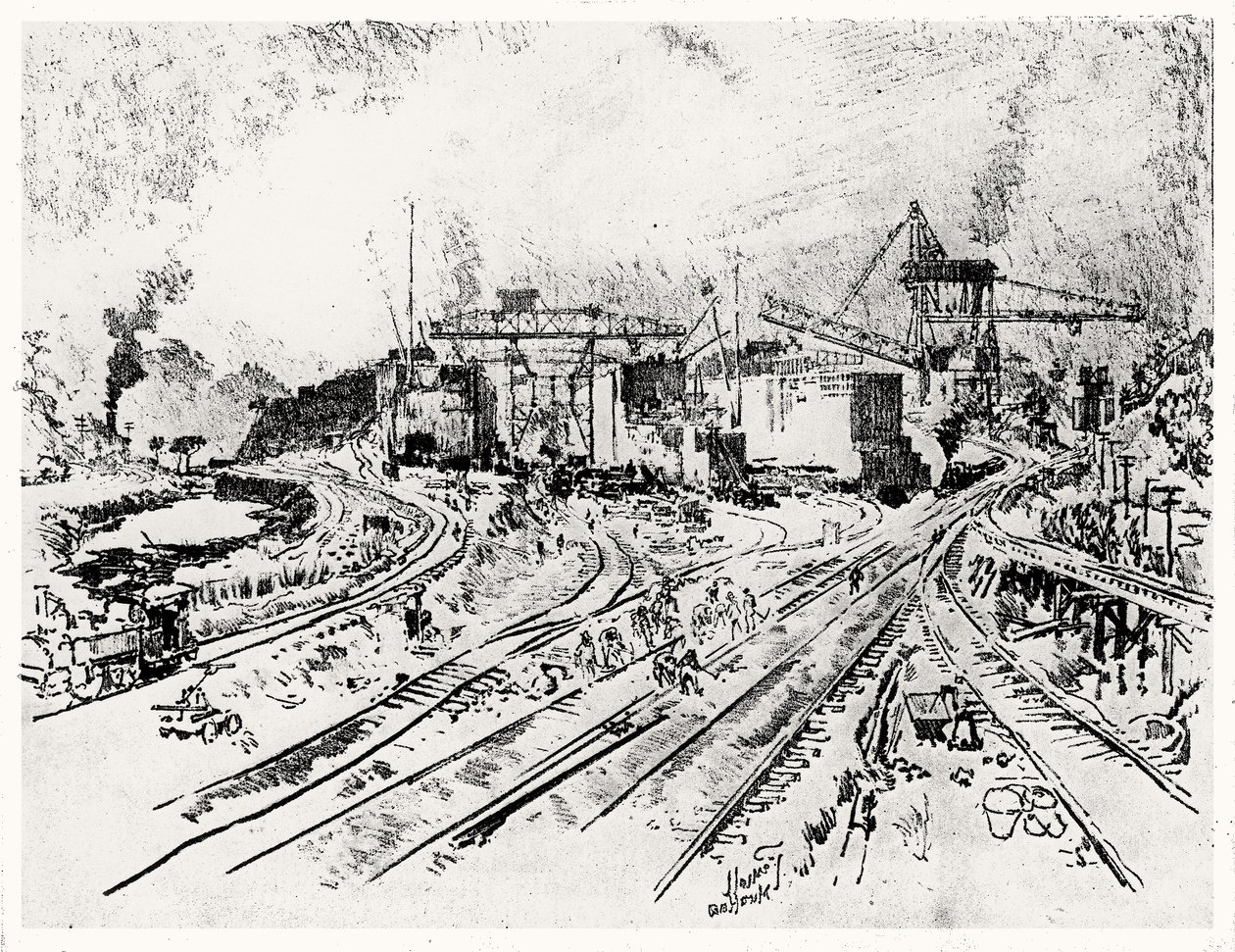 Building Miraflores Lock, plade XXI fra Panamakanalen af Joseph Pennell, 1912 (kul på papir) af Joseph Pennell