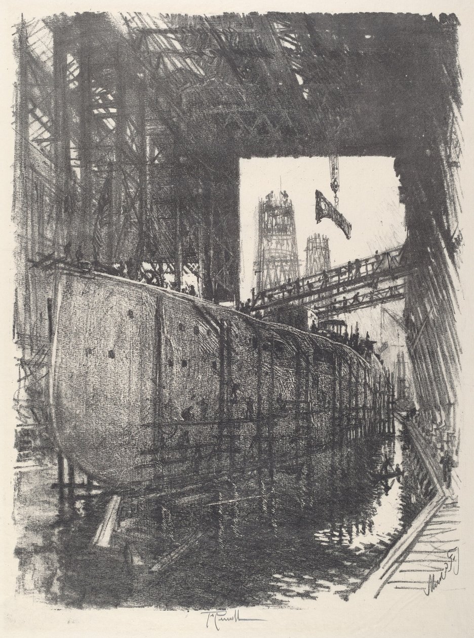 Bygning af slagskibet, 1917. af Joseph Pennell