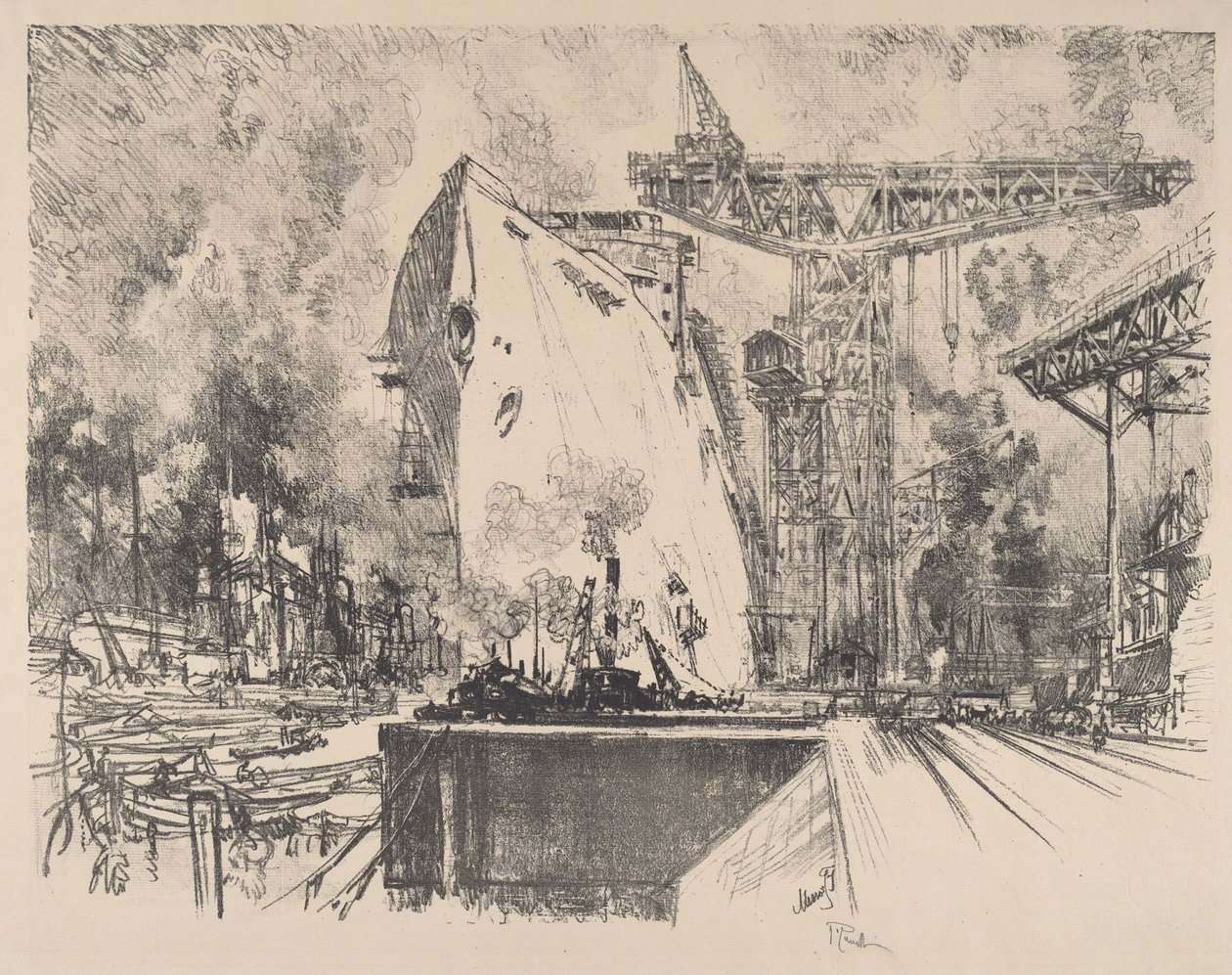 Bygning af Bismarck, Hamborg af Joseph Pennell