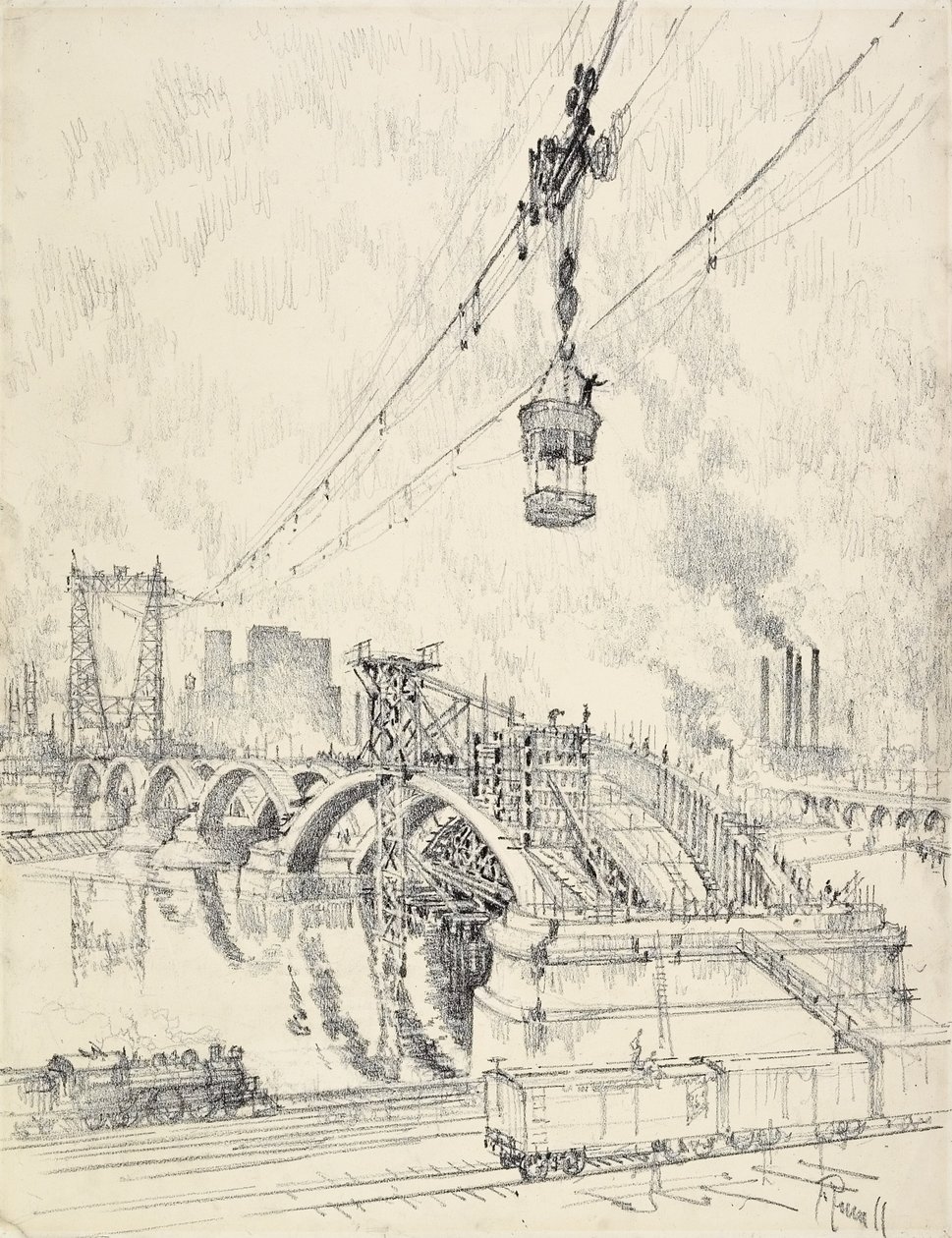 Building the Bridge, Minneapolis, 1915 af Joseph Pennell