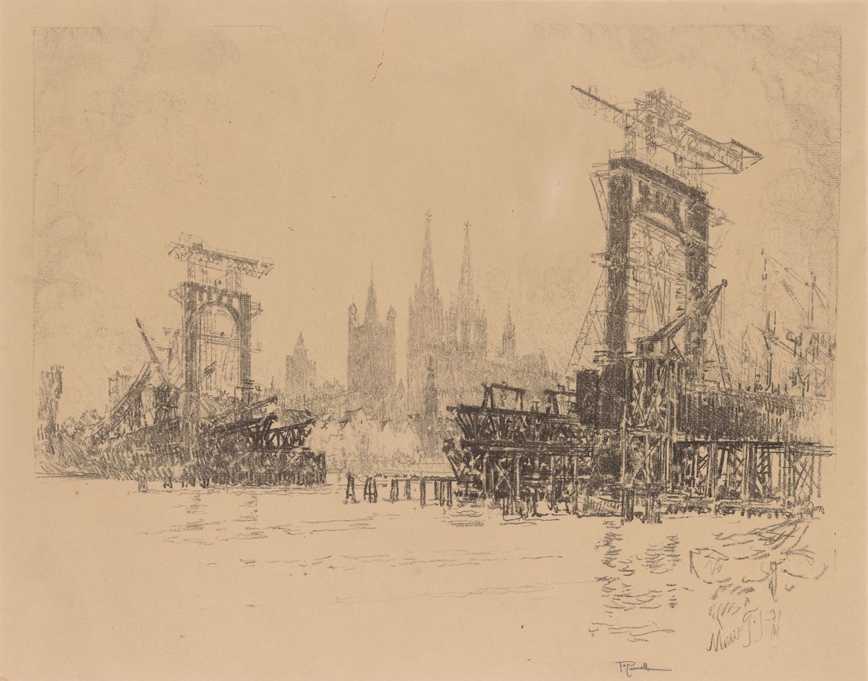 Opførelsen af broen i Köln af Joseph Pennell