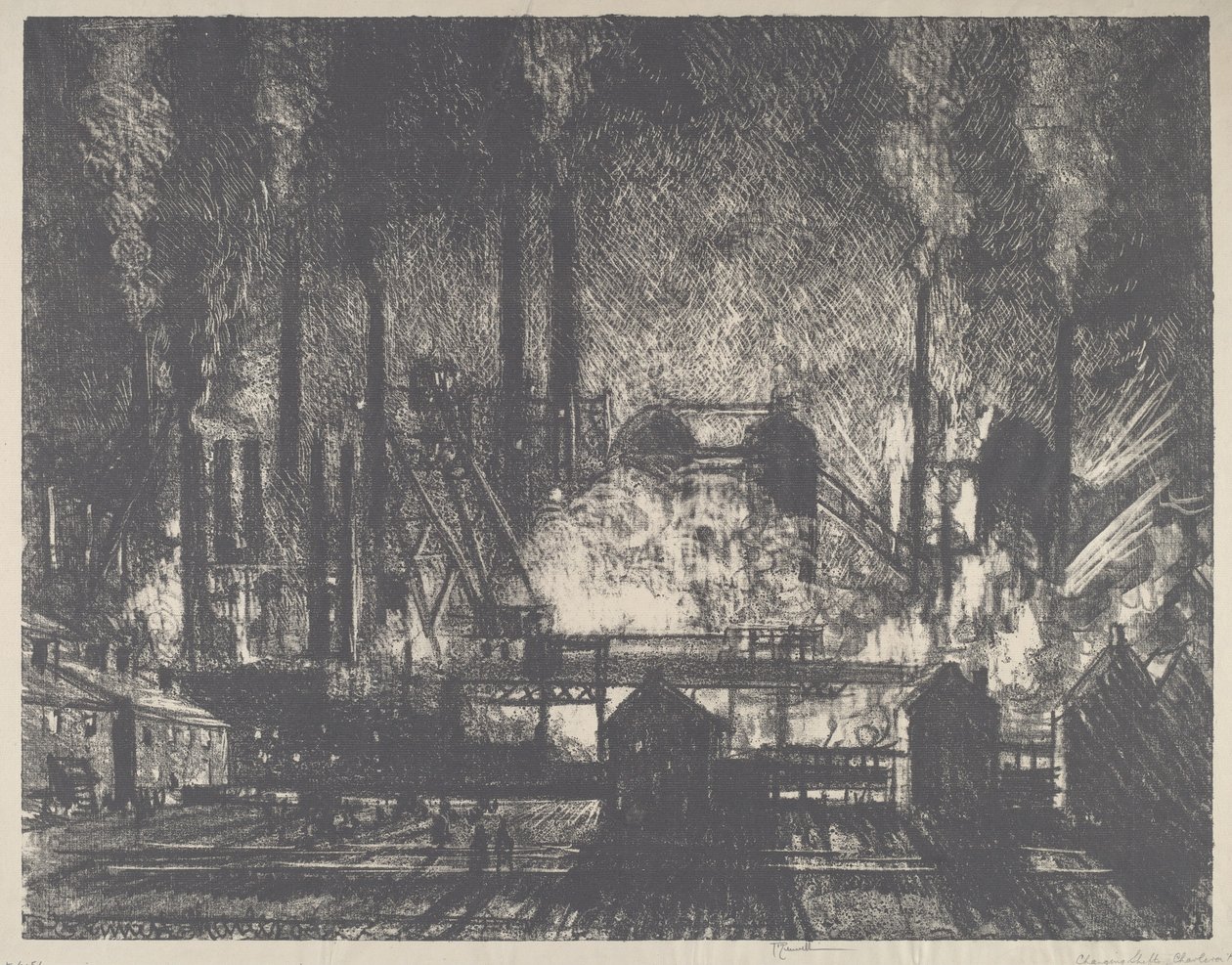 Skiftende skift, Charleroi, 1911. af Joseph Pennell
