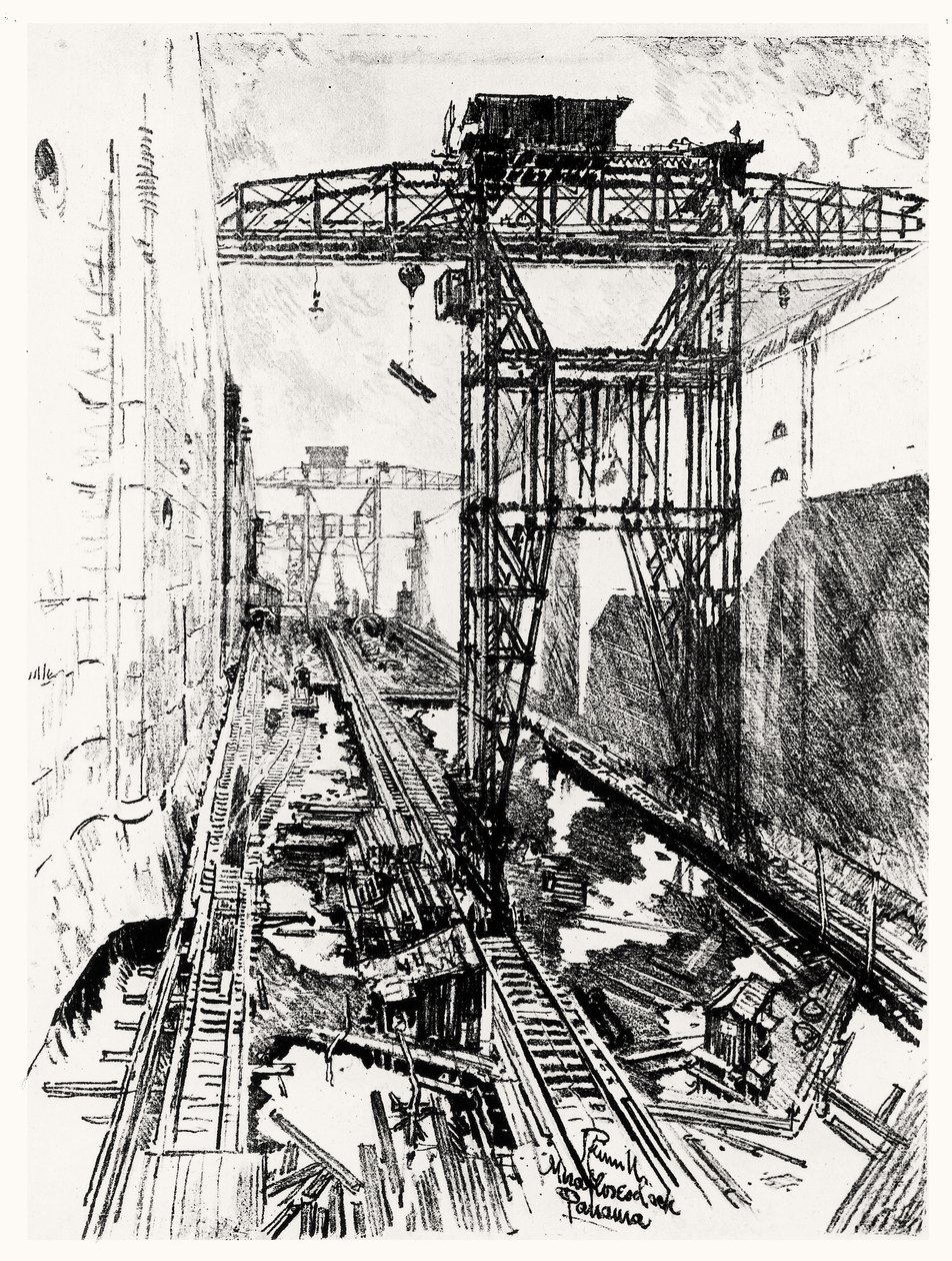 Kraner ved Miraflores-slusen, plade XXII fra Panamakanalen af Joseph Pennell, 1912 (kul på papir) af Joseph Pennell