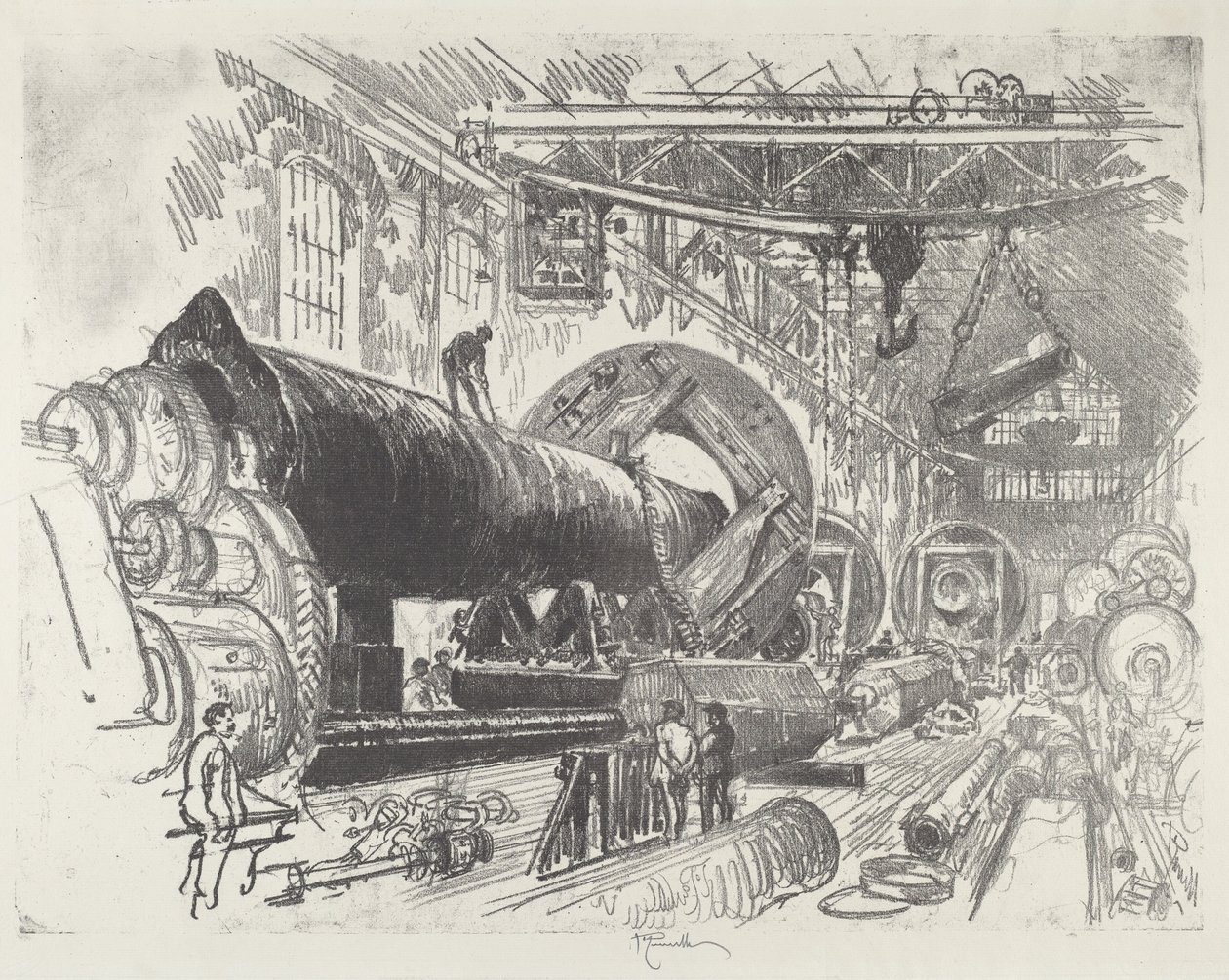 Cutting and Turning a Big Gun, 1916. af Joseph Pennell